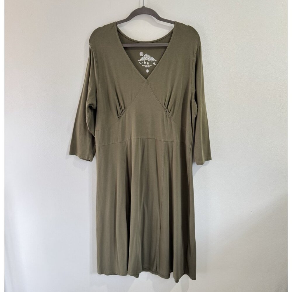 Sahalie Shirt Dress 2X Midi Olive Green Cotton Stretch Pleated Lagen Comfy